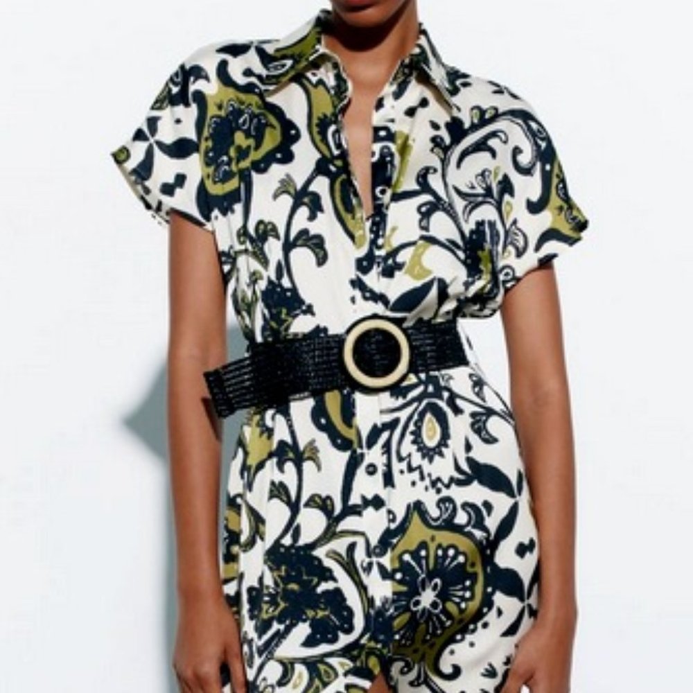 NEVER WORN - Zara Green and black BELTED PRINTED DRESS, M